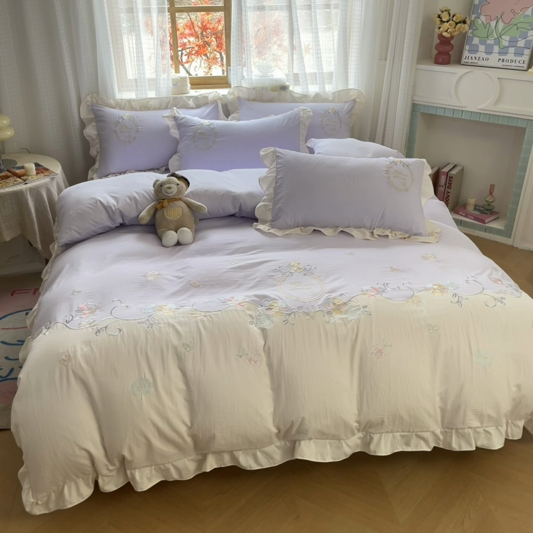 91家纺网 家纺一手货源 找家纺 ab家纺2025新款全棉水洗棉绣花四件套-夏莉儿 夏莉儿-香芋紫