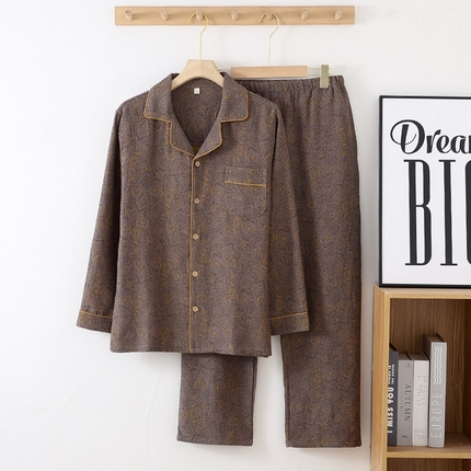 洛兰沙家居馆【只代发】【只代发】2025新款男款休闲色织纯棉双层纱布睡衣夏季薄款长袖短袖宽松家居服外穿 长袖C005