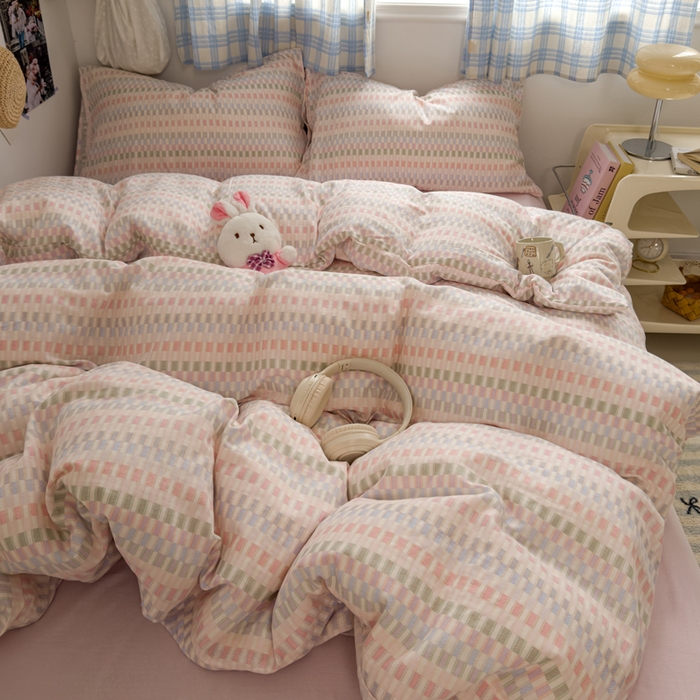 91家纺网 家纺一手货源 找家纺 塔塔家居  2025新款全棉纯棉双层纱四件套 多彩