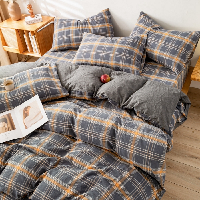 91家纺网 家纺一手货源 找家纺 2025新款A类色织水洗棉单被套 灰桔格