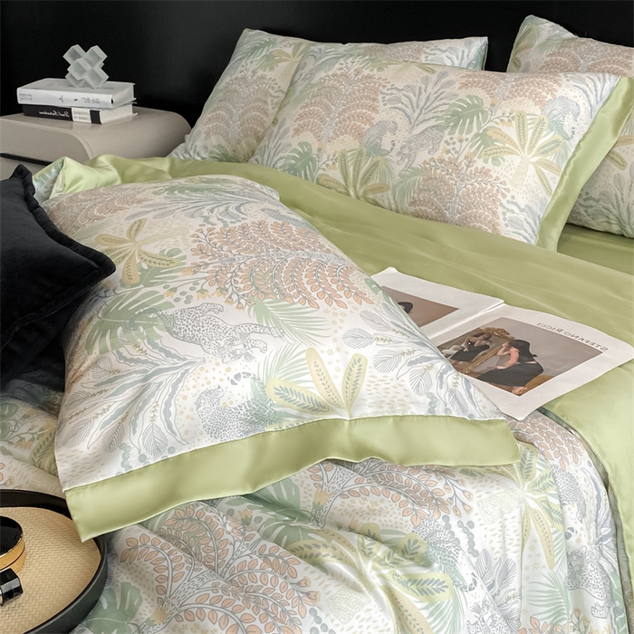 91家纺网 家纺一手货源 找家纺 本制 2025新款水洗真丝印花夏被夏凉被空调被 蔓叶森语+抺茶绿