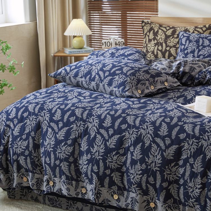 91家纺网 家纺一手货源 找家纺 2025新款全棉色织双层纱纽扣款四件套 扶苏-深兰