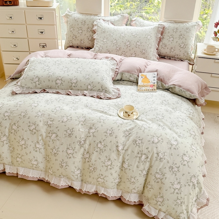 91家纺网 家纺一手货源 找家纺 晨晨家纺2025新款全棉双层花边双层纱四件套 浮生半日-绿