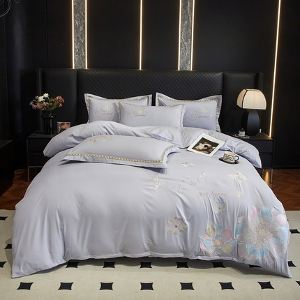 佳宇轩 2025爆款水洗棉五彩刺绣四件套简约轻奢织带绣花床单床笠被罩4件套-牡丹 牡丹-灰色
