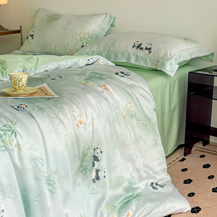 91家纺网 家纺一手货源 找家纺 棉生活家纺 2025新款天丝莱赛尔印花四件套 熊猫乐园