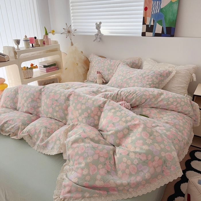 91家纺网 家纺一手货源 找家纺 于果 2025新款全棉双层纱花边款 手捧玫瑰