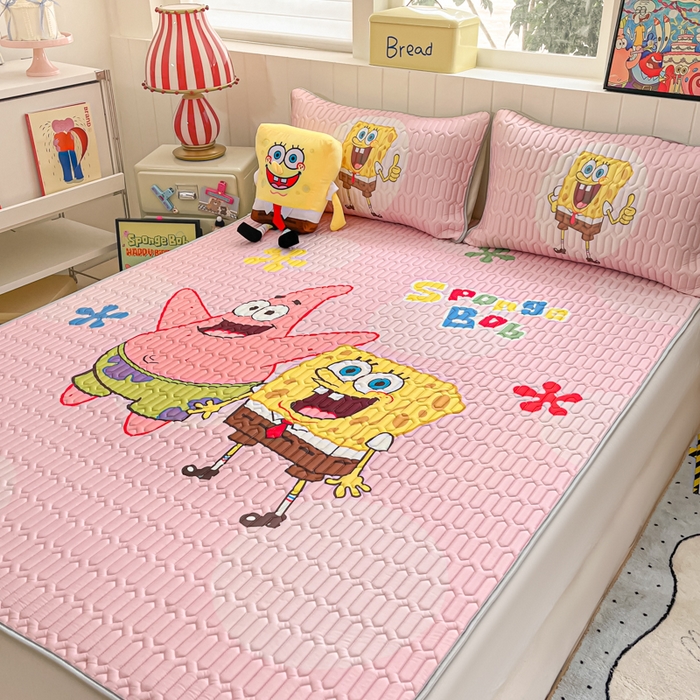 91家纺网 家纺一手货源 找家纺 金爱家 2025新款海绵宝宝乳胶凉席床席款凉席席子 床席款-粉粉海绵宝宝