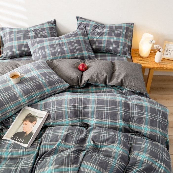 91家纺网 家纺一手货源 找家纺 2025新款A类色织水洗棉单被套 灰绿格