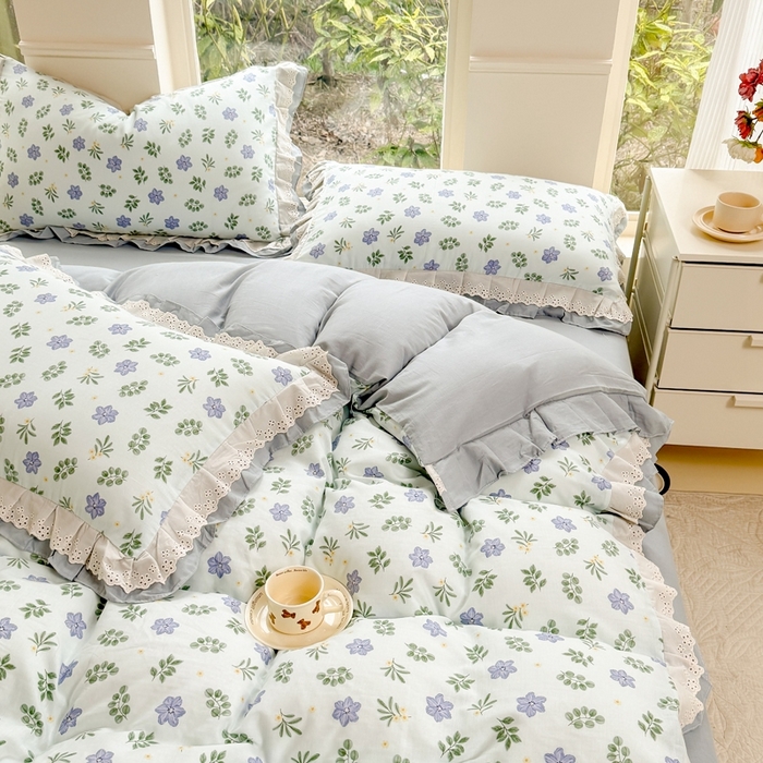 91家纺网 家纺一手货源 找家纺 晨晨家纺2025新款全棉双层花边双层纱四件套 浅浅花漾