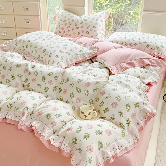 91家纺网 家纺一手货源 找家纺 晨晨家纺2025新款全棉双层花边双层纱四件套 絮语