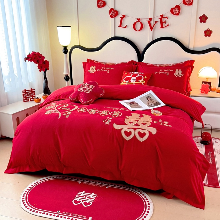 91家纺网 家纺一手货源 找家纺 2025新款100支150克双面长绒棉婚庆绣花四件套 幸福美满