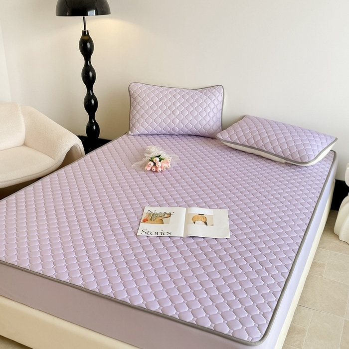 91家纺网 家纺一手货源 找家纺 2025新款加厚乳胶床笠款经典纯色夏被套件 方格-浅紫