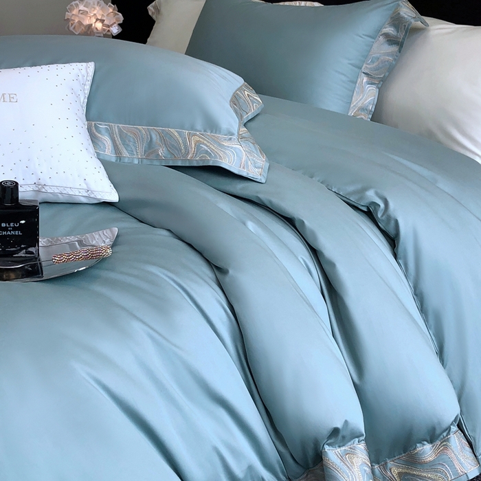 91家纺网 家纺一手货源 找家纺 馨蕊家居 2025新款100s高奢典藏简约全棉系列四件套-棉水漾 水漾-北卡蓝
