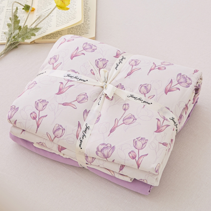 91家纺网 家纺一手货源 找家纺 蕾诺家纺 2025新款直播新款A类有氧提花云纱棉圆角吊边工艺四件套学生三件套 紫色郁金香