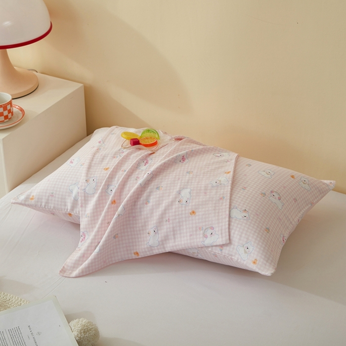 91家纺网 家纺一手货源 找家纺 2025款A类母婴级全棉双层纱枕套_4032 格子狗粉