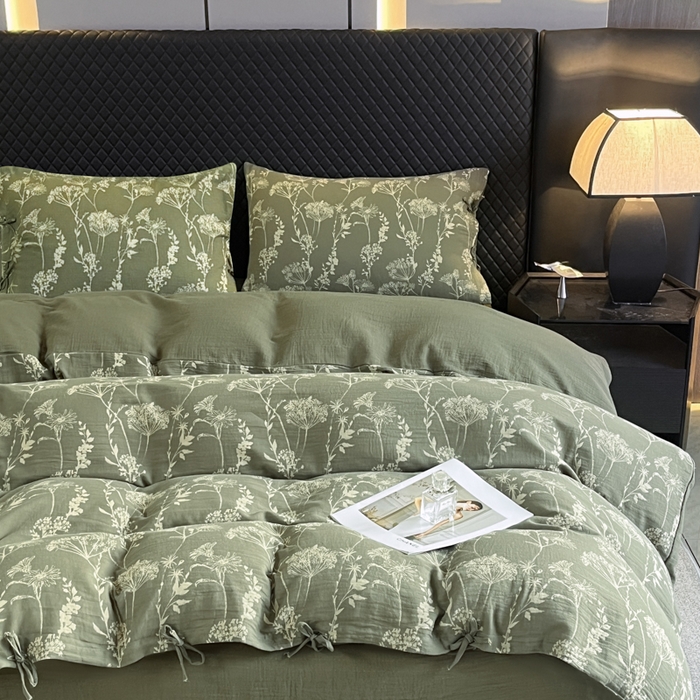 91家纺网 家纺一手货源 找家纺 鲁爱家纺供货 2025新款全棉色织双层纱系带款四件套 云影-绿