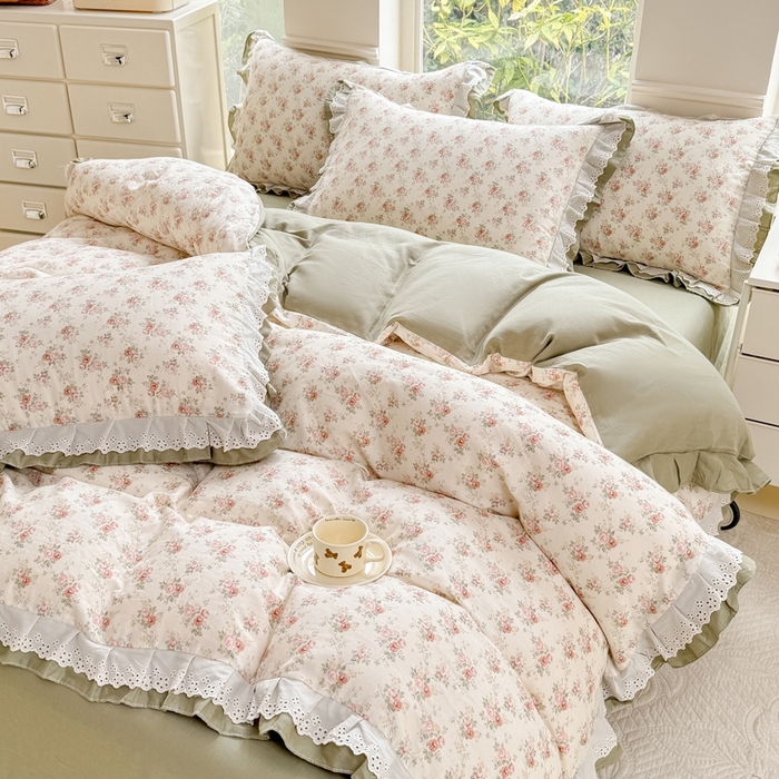 91家纺网 家纺一手货源 找家纺 晨晨家纺2025新款全棉双层花边双层纱四件套 香缇