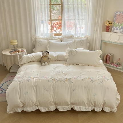 ab家纺2025新款全棉水洗棉绣花四件套-夏莉儿 夏莉儿-淡奶油