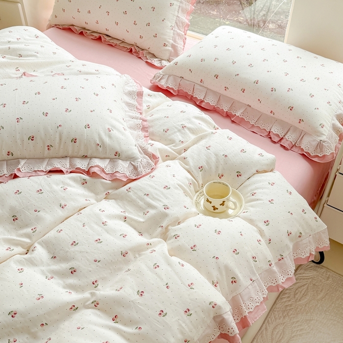 91家纺网 家纺一手货源 找家纺 晨晨家纺2025新款全棉双层花边双层纱四件套 秋实