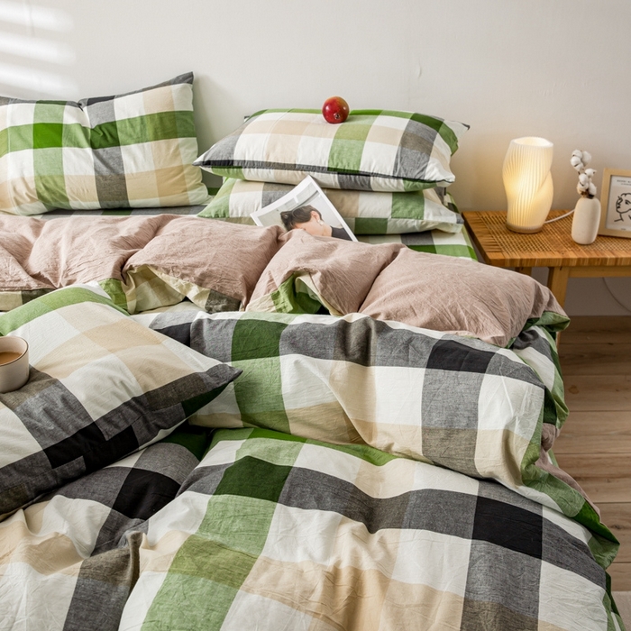 91家纺网 家纺一手货源 找家纺 2025新款A类色织水洗棉单被套 海青鲜绿格