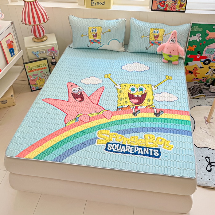 91家纺网 家纺一手货源 找家纺 金爱家 2025新款海绵宝宝乳胶凉席床席款凉席席子 床席款-彩虹海绵宝宝