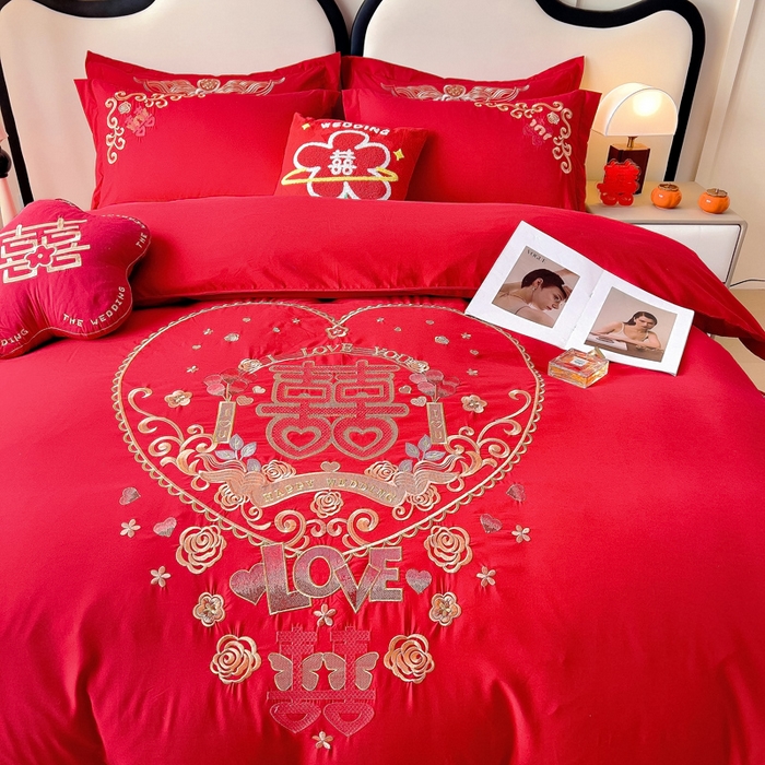 91家纺网 家纺一手货源 找家纺 2025新款100支150克双面长绒棉婚庆绣花四件套 喜韵佳缘