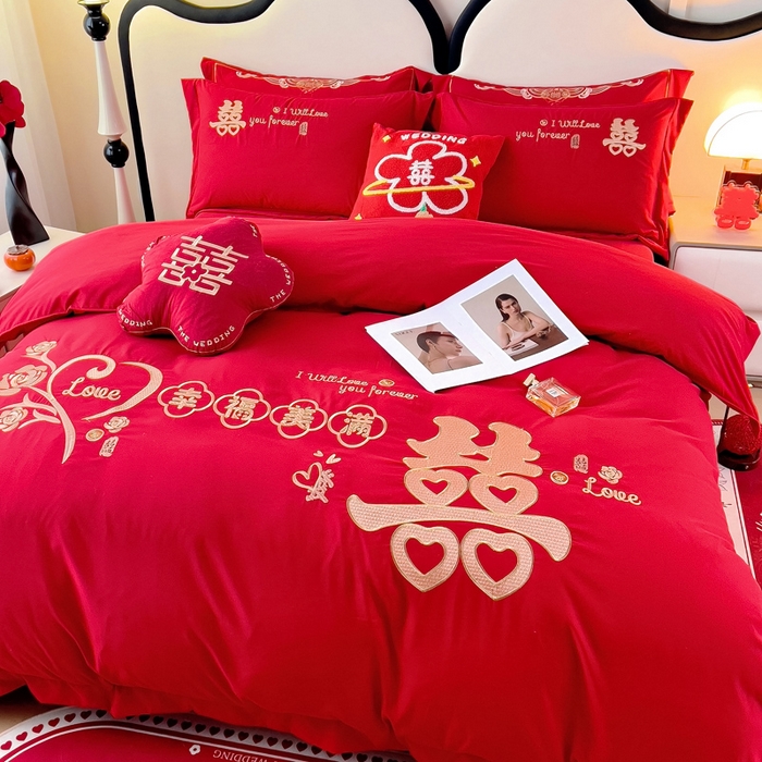 91家纺网 家纺一手货源 找家纺 2025新款100支150克双面长绒棉婚庆绣花四件套 幸福美满