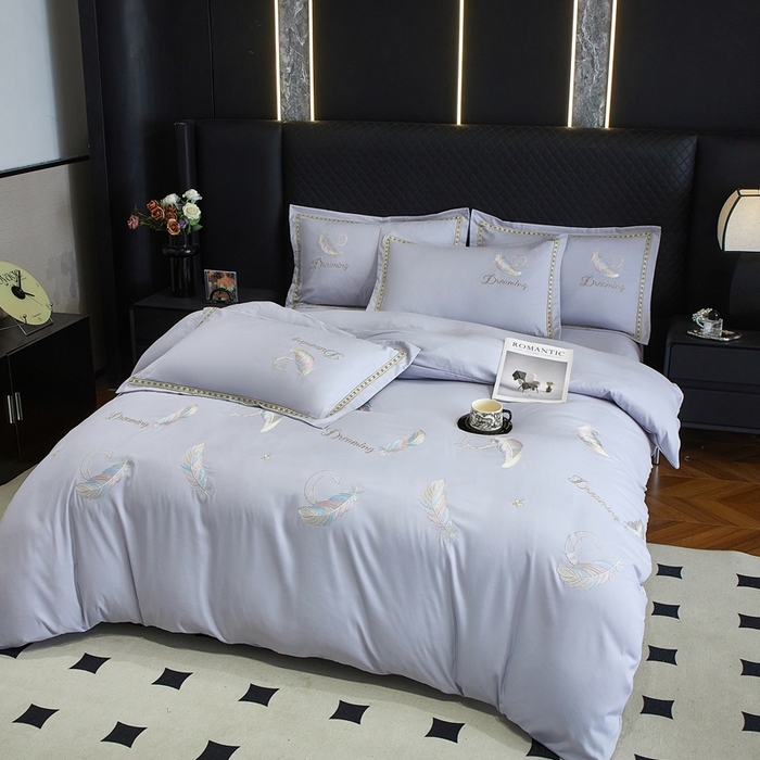 91家纺网 家纺一手货源 找家纺 佳宇轩 2025爆款水洗棉五彩刺绣四件套简约轻奢织带绣花床单床笠被罩4件套-蜜羽 蜜羽-浅灰