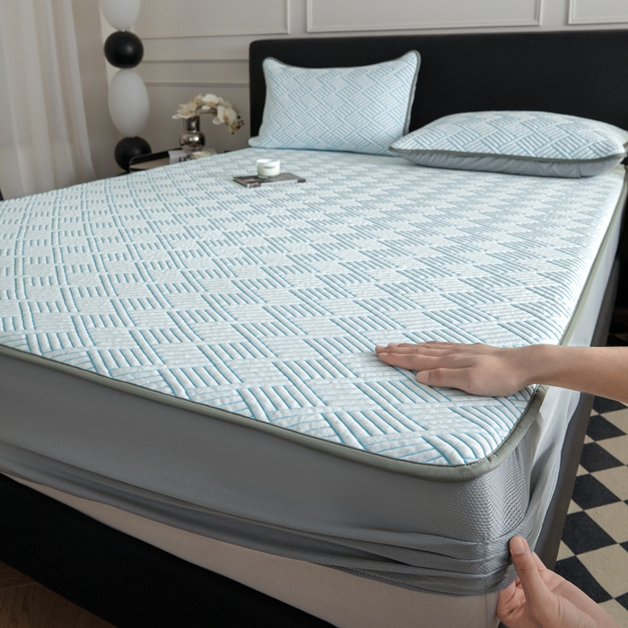 91家纺网 家纺一手货源 找家纺 2025新款韩国外贸爆款加厚PE中分子凉感豆豆软席 时空蓝-床笠款