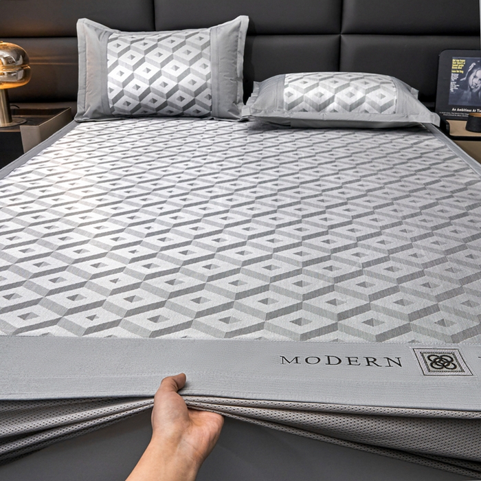 91家纺网 家纺一手货源 找家纺 全季家居 2025新款5A抗菌3D立体冰柔凉感冰丝席 格调-银灰 床笠款