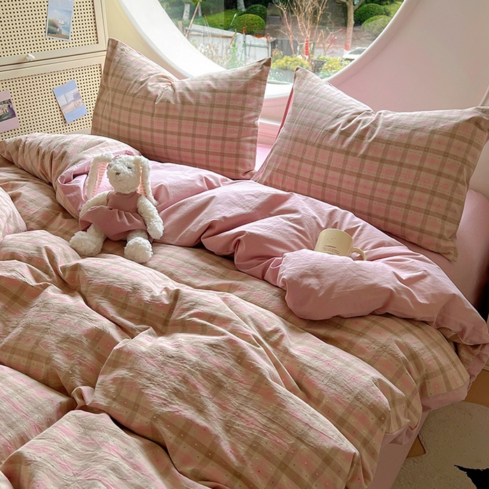 91家纺网 家纺一手货源 找家纺 田野 2025新款全棉水洗棉提花点点系列四件套 点点-粉