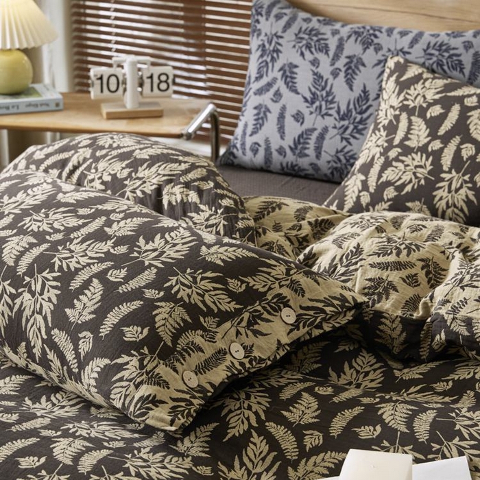 91家纺网 家纺一手货源 找家纺 2025新款全棉色织双层纱纽扣款四件套 扶苏-深咖