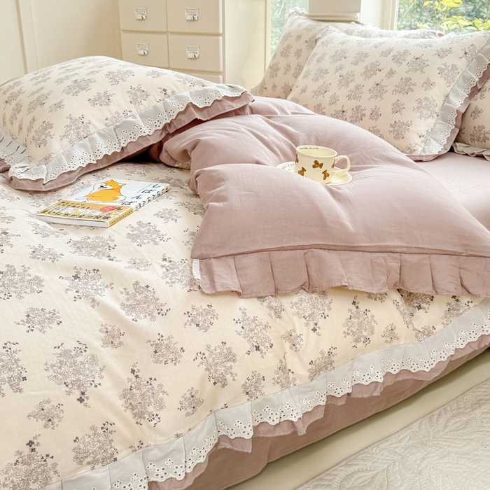 91家纺网 家纺一手货源 找家纺 晨晨家纺2025新款全棉双层花边双层纱四件套 雪莉-咖