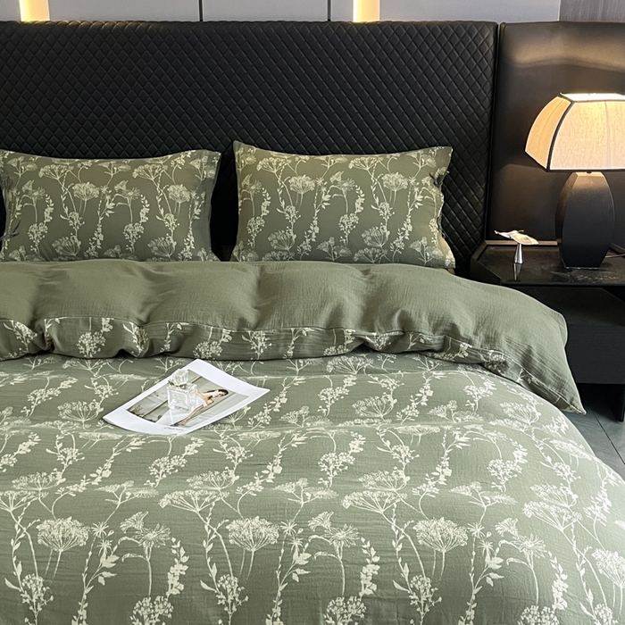 91家纺网 家纺一手货源 找家纺 鲁爱家纺供货 2025新款全棉色织双层纱系带款四件套 云影-绿