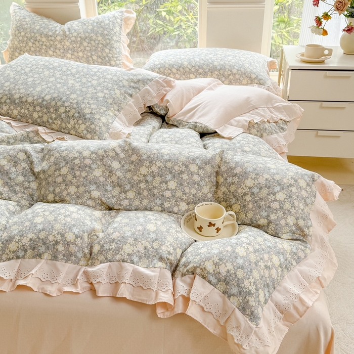 91家纺网 家纺一手货源 找家纺 晨晨家纺2025新款全棉双层花边双层纱四件套 韩式清新-灰