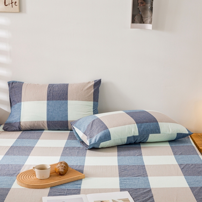 91家纺网 家纺一手货源 找家纺 2025新款A类色织水洗棉单被套 米棕丈青格