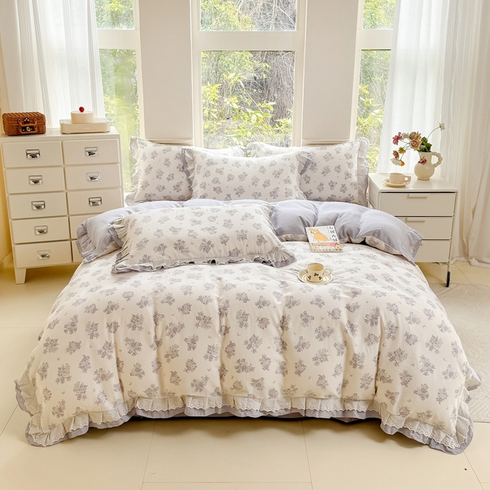 91家纺网 家纺一手货源 找家纺 晨晨家纺2025新款全棉双层花边双层纱四件套 紫香甜语