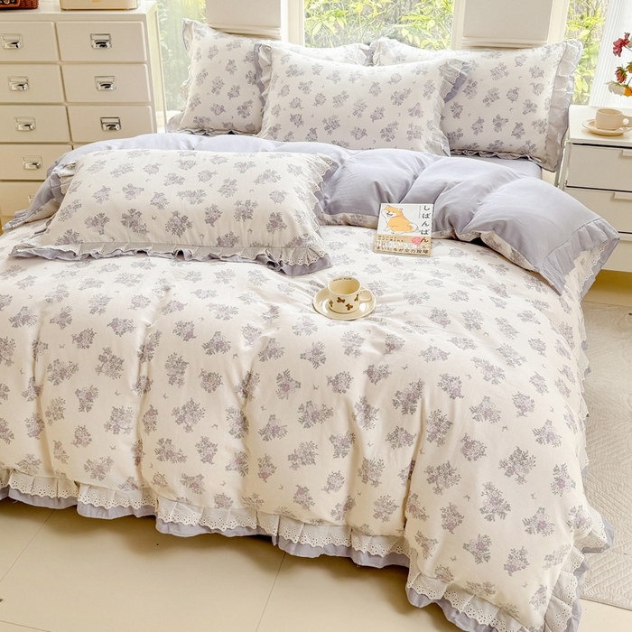 91家纺网 家纺一手货源 找家纺 晨晨家纺2025新款全棉双层花边双层纱四件套 紫香甜语