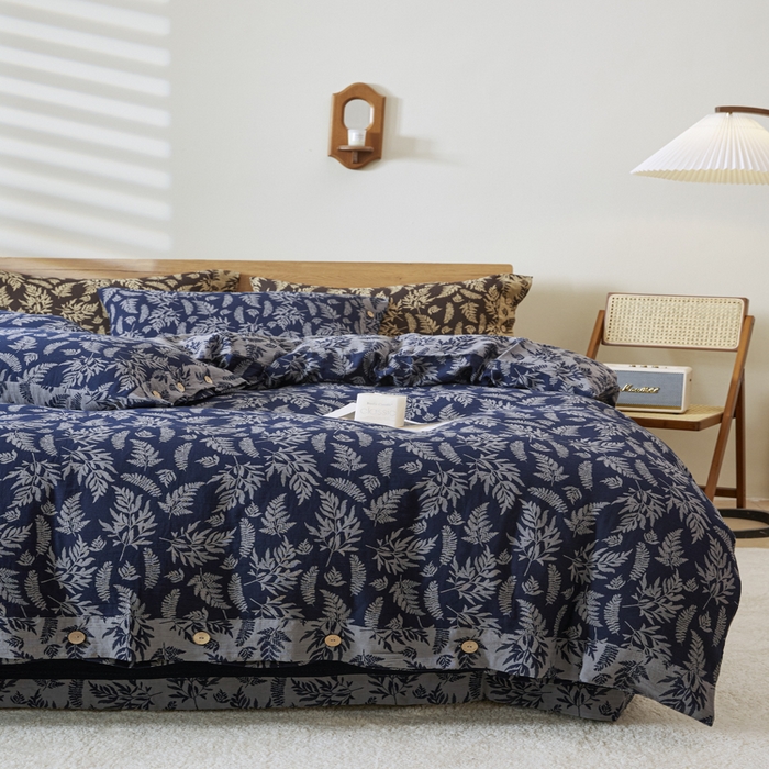 91家纺网 家纺一手货源 找家纺 2025新款全棉色织双层纱纽扣款四件套 扶苏-深兰