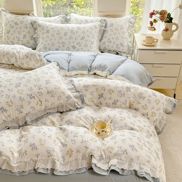 91家纺网 家纺一手货源 找家纺 晨晨家纺2025新款全棉双层花边双层纱四件套 伊甸园之梦-蓝