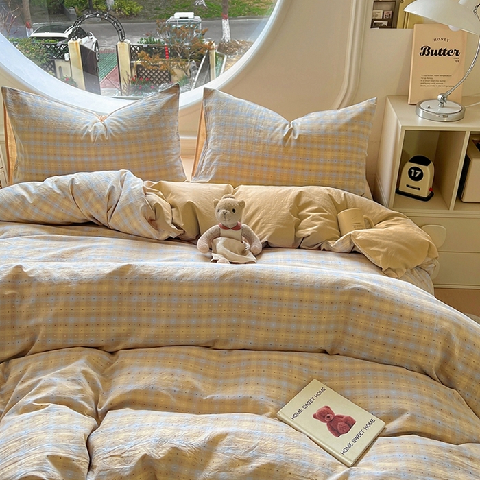 91家纺网 家纺一手货源 找家纺 田野 2025新款全棉水洗棉提花点点系列四件套 点点-兰咖