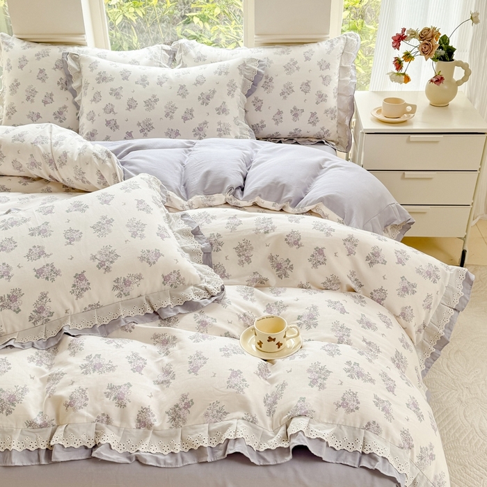 91家纺网 家纺一手货源 找家纺 晨晨家纺2025新款全棉双层花边双层纱四件套 紫香甜语