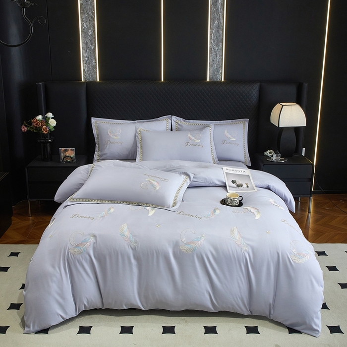 91家纺网 家纺一手货源 找家纺 佳宇轩 2025爆款水洗棉五彩刺绣四件套简约轻奢织带绣花床单床笠被罩4件套-蜜羽 蜜羽-浅灰