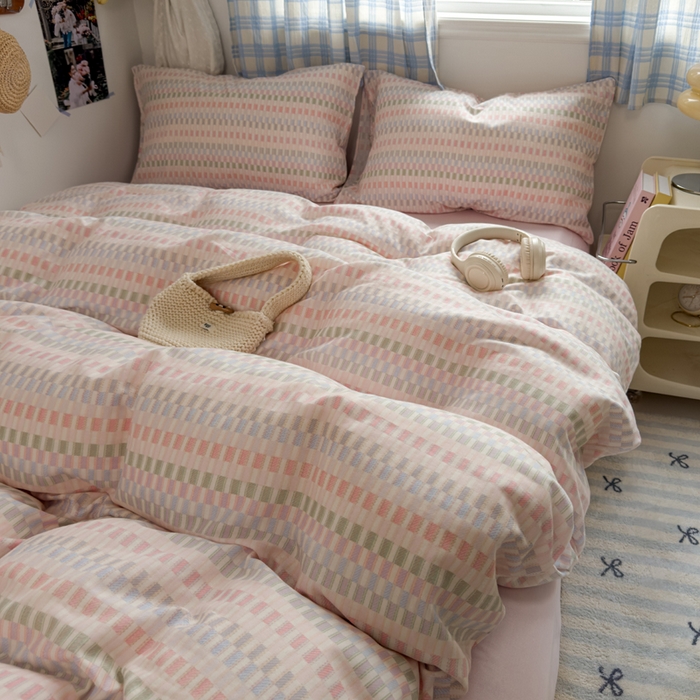 91家纺网 家纺一手货源 找家纺 塔塔家居  2025新款全棉纯棉双层纱四件套 多彩