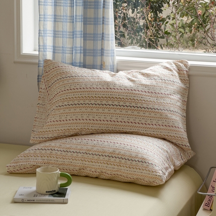 塔塔家居   2025新款全棉纯棉双层纱枕套单品单枕套枕套单件 波浪条