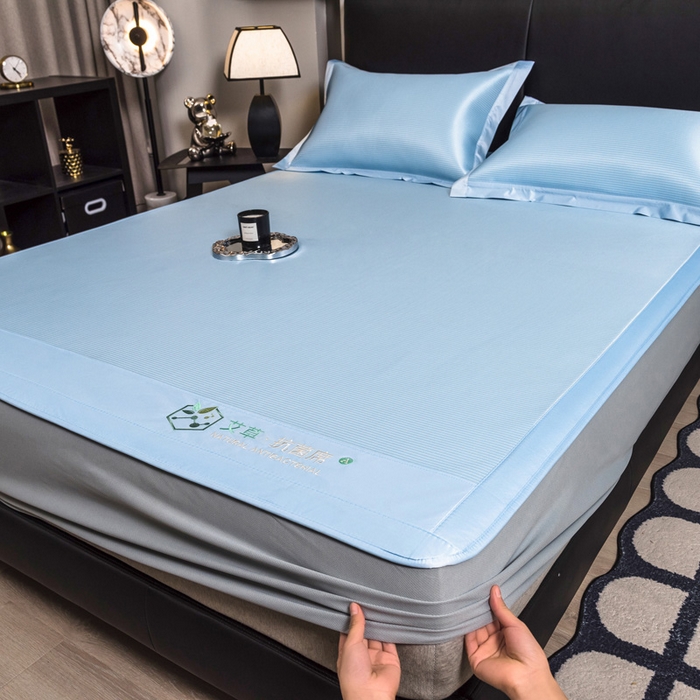 91家纺网 家纺一手货源 找家纺 全季家居 2025新款5A加厚加密艾草碳光席冰丝席 床笠-雾蓝