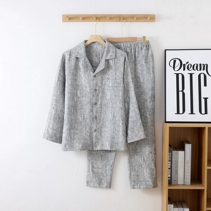 91家纺网 家纺一手货源 找家纺 洛兰沙家居馆【只代发】【只代发】2025新款男款休闲色织纯棉双层纱布睡衣夏季薄款长袖短袖宽松家居服外穿 长袖C006