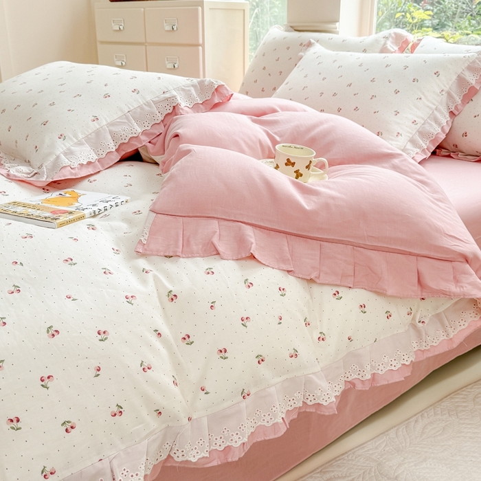 91家纺网 家纺一手货源 找家纺 晨晨家纺2025新款全棉双层花边双层纱四件套 秋实