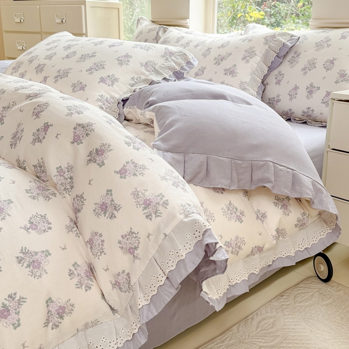 91家纺网 家纺一手货源 找家纺 晨晨家纺2025新款全棉双层花边双层纱四件套 紫香甜语