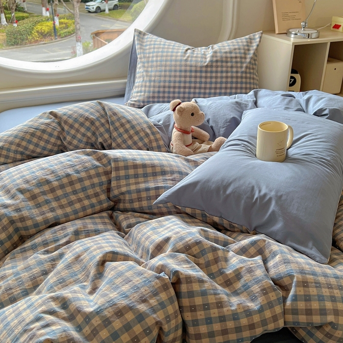 91家纺网 家纺一手货源 找家纺 田野 2025新款全棉水洗棉提花点点系列四件套 点点-深蓝